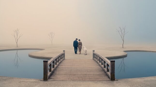Family Walking on Wooden Bridge Across Misty Landscape