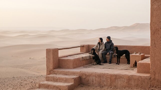 Couple With Dogs Overlooking Desert Landscape at Sunset