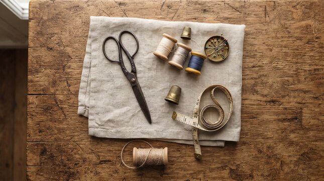 Top-down flat lay of antique scissors, vintage thimble, wooden thread spools, linen fabric, measuring tape, and brass sewing pins on a rustic wooden surface. Classic tailoring workspace.