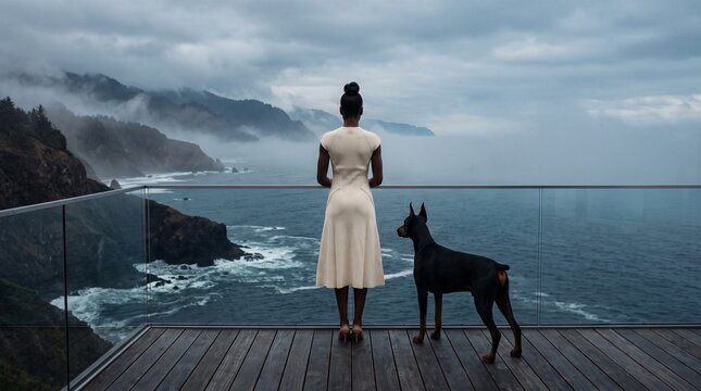 Woman with Dog Overlooking Misty Coastal Mountains