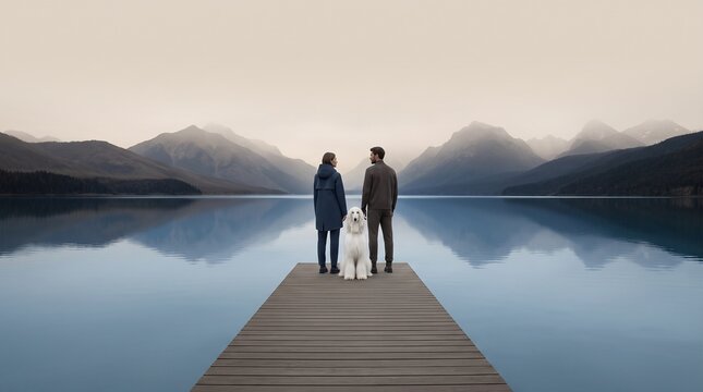 Couple with Dog Standing on Dock by Mountain Lake