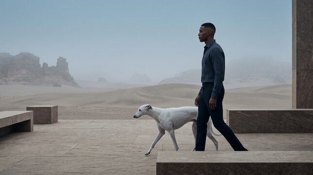 Man Walking Whippet Dog in Surreal Desert Landscape