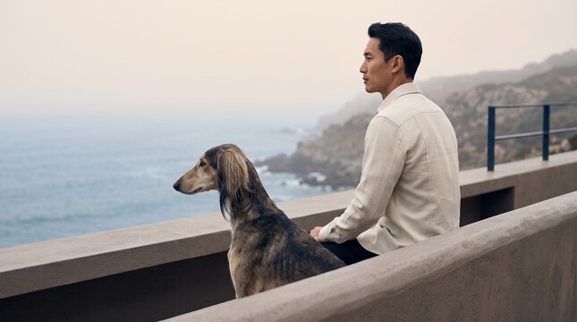 Man and Dog Contemplating Ocean View from Cliff