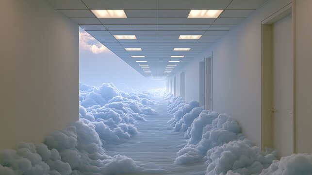 Prompt: An eerie yet beautiful liminal dreamscape. A long, empty corporate hallway with fluorescent lights overhead, but the floor transitions into a soft, fluffy sea of clouds that stretches 