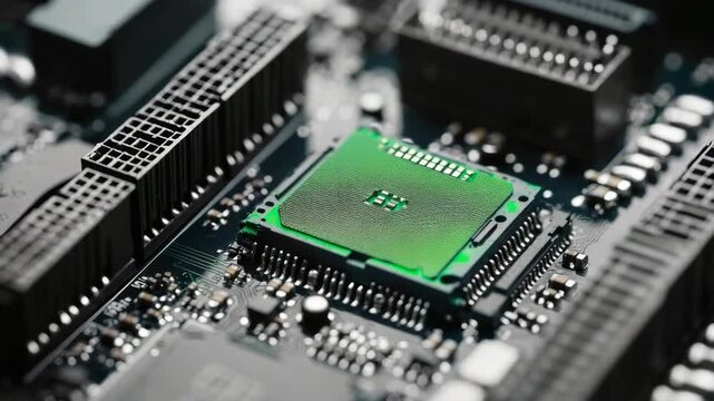 High resolution focusing on the center of a printed circuit board featuring its intricate layout and diverse parts.