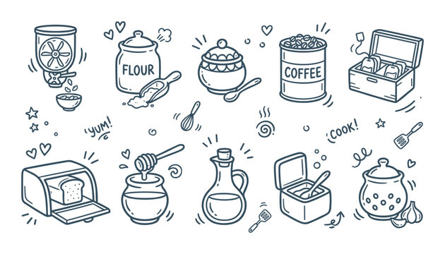 Hand-drawn kitchen pantry and baking ingredient doodle icon set
