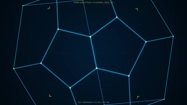 Rotating blue wireframe dodecahedron shape on a dark digital background