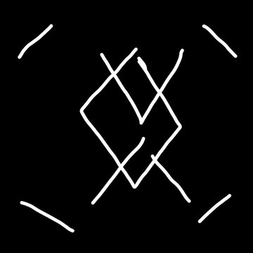 mAn abstract white runic symbol or bindrune hand-drawn on a solid black background, featuring a central diamond shape intersected by diagonal lines and surrounded by small corner accent lines, depicti