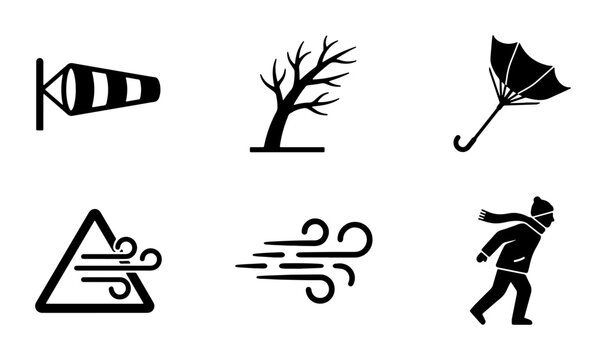 Wind Weather Icons, Stormy Conditions, Gusty Breeze, Air Flow Symbols, Meteorology Icons Set