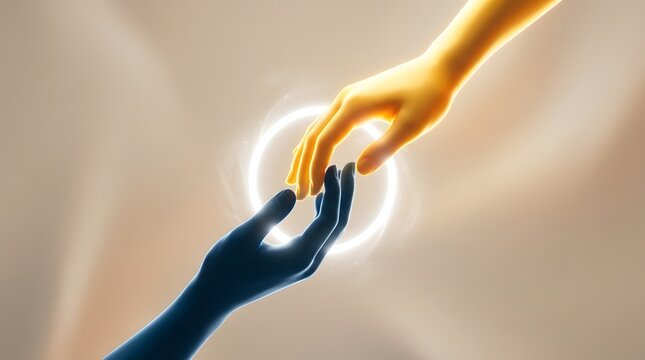 Two hands reaching out to touch fingers in the sky