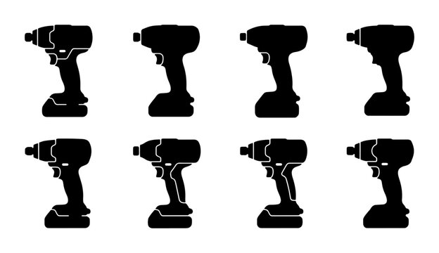 Impact Driver Icons, Power Tool Silhouettes, Cordless Drill Vector Set, Construction Equipment Graphics