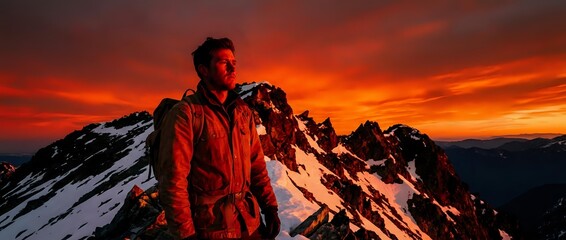 Fototapeta premium Male mountaineer in red jacket standing on snowy alpine peak at dramatic sunset, gazing at golden sky and distant mountains for adventure and outdoor lifestyle content.