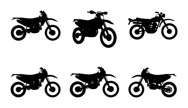 Dirt Bike Silhouettes Collection, Motorcycle Icons Set, Off-Road Vehicle Graphics, Adventure Transport Vector Pack