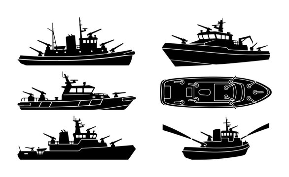 Military Patrol Boats, Naval Vessels, Coast Guard Ships, Vector Silhouettes