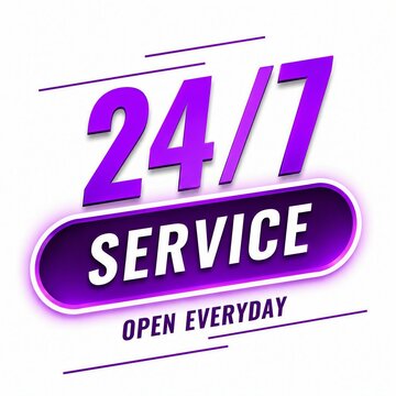 24/7 service sign with open everyday text in vibrant purple and white design