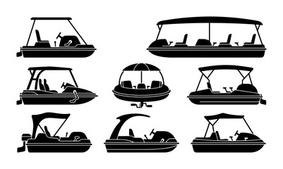 Pontoon Boat Silhouettes, Watercraft Collection, Recreational Vessels for Leisure Activities © Toki