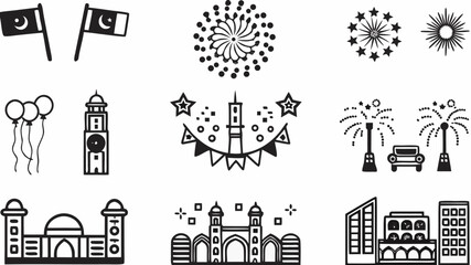 Obraz premium Holiday celebration icons featuring fireworks national flags and city, fireworks