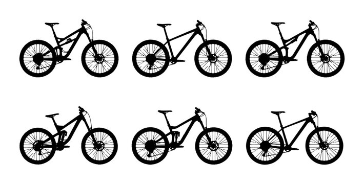Mountain Bike Silhouettes Collection, Six Full Suspension Bicycle Vectors, Outdoor Sport Equipment Icons