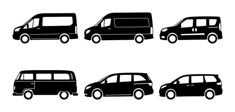 Black silhouette van and minivan icons, diverse vehicle collection for transport and travel