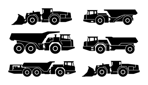 Heavy Construction Vehicles Set, Mining Trucks and Loaders, Industrial Machinery Icons, Black and White Vector Graphics