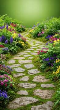 A scenic stone path winding through a lush green garden with moss and flowers on the sides, creating a peaceful and serene outdoor walkway, flat, zen, grass