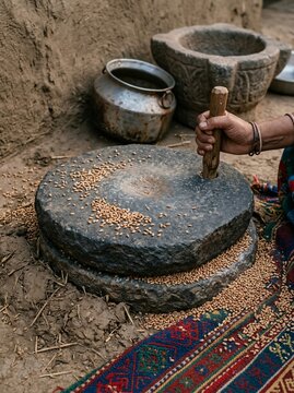 Traditional woman grinding wheat with a stone mill