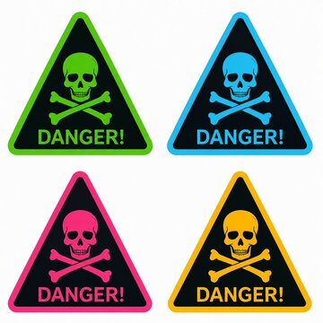 Set of four colorful danger warning triangle icons with skull and crossbones design