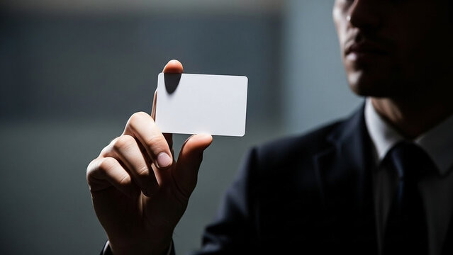 Man in Suit Holds Blank Business Card in Dramatic Light