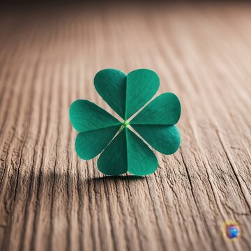A vibrant teal four-leaf clover rests delicately on a rustic wooden surface, representing fortune and prosperity in a modern color palette, emerald, botanical, serene