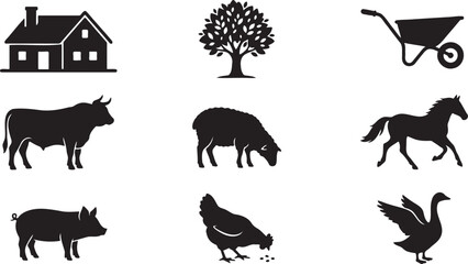 Vector farm animals and rural landscape illustration with house, tree, wheelbarrow, cow, sheep, horse, pig, chicken, and goose in black silhouettes on white background. © Rekon