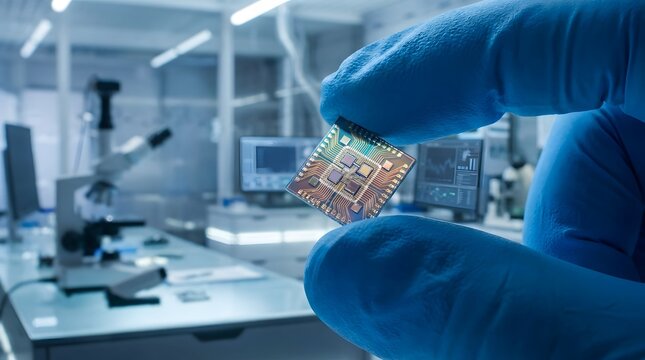 Gloved hands assembling a high tech computer chip