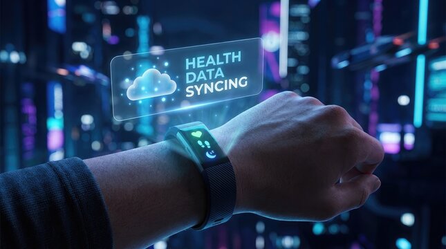 Smartwatch health data syncing wearable technology and cloud connectivity concept