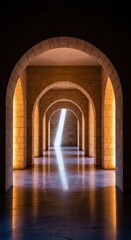 Fototapeta premium Elegant architectural interior featuring a long symmetrical hallway with arched wall recesses illuminated by soft warm light on stone, empty, architecture, corridor