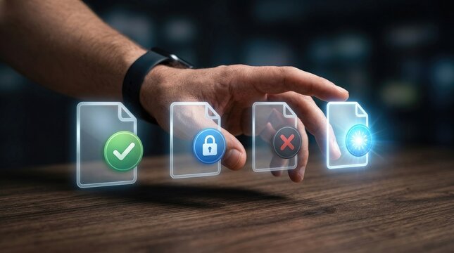 Data security and access control hand interacting with digital file icons