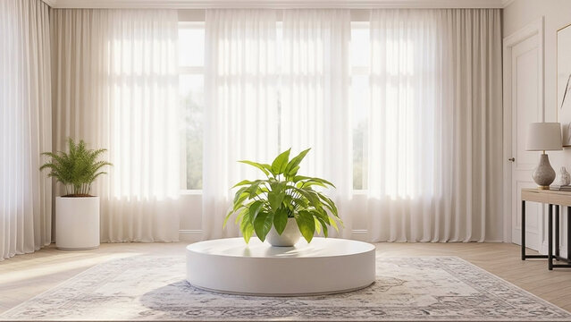 Bright Living Room with Sheer Curtains and Plants