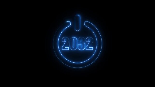 Happy New Year 2032 startup concept with glowing neon power icon loop