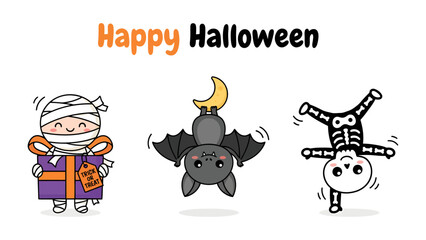 Fototapeta premium Kawaii Halloween Friends: Adorable, stylized Halloween characters including a mummy emerging from a gift box, a bat with a crescent moon on its head, and a skeleton performing a handstand.