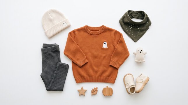 A flat lay of cozy toddler autumn clothing and accessories including a rust sweater, gray pants, cream hat, shoes, and Halloween-themed decorations.
