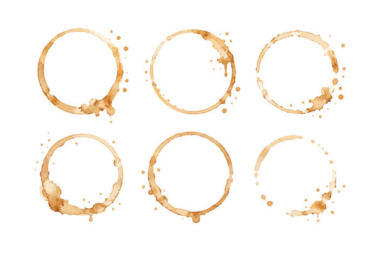 Set of six realistic coffee cup stains and rings.