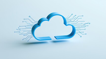 Fototapeta premium Abstract blue cloud symbol with radiating digital circuit lines on light background