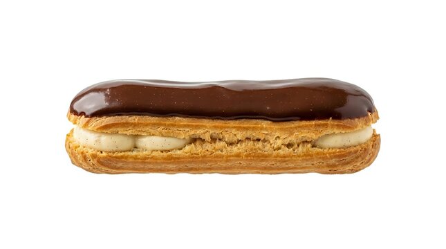 Chocolate-topped eclair with crispy choux pastry shell and creamy filling, isolated on white background for bakery, dessert, and food design projects.