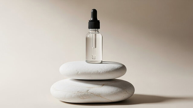 Serum Dropper Bottle on Stacked White Stones