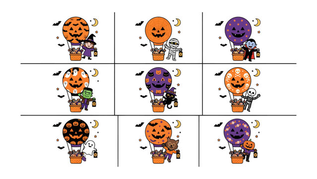 Halloween Hot Air Balloons Collection: A whimsical collection of nine hot air balloons, each decorated with festive Halloween themes and featuring cute characters like ghosts, vampires, zombies.