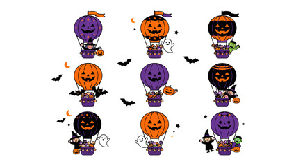 Halloween Hot Air Balloons Collection: A festive collection of nine cartoon hot air balloons, each decorated with playful Halloween themes, including jack-o'-lantern faces, witches, ghosts, and bats. © Abu