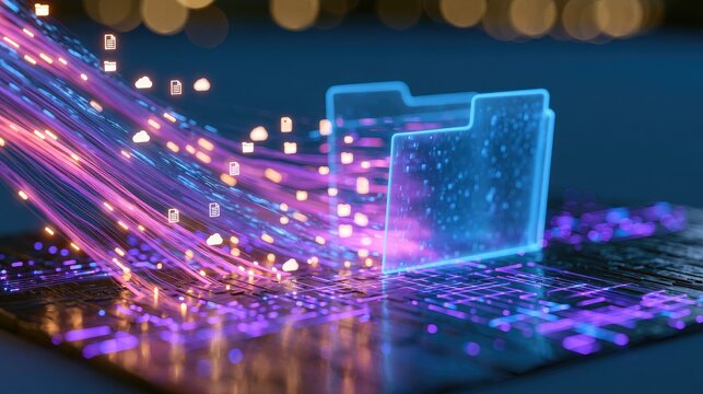 Neon abstract data stream flows into glowing futuristic digital folder