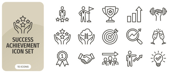 Fototapeta premium Success and achievement icon set, thin line style, business growth, leadership, goal setting, professional development, vector icons