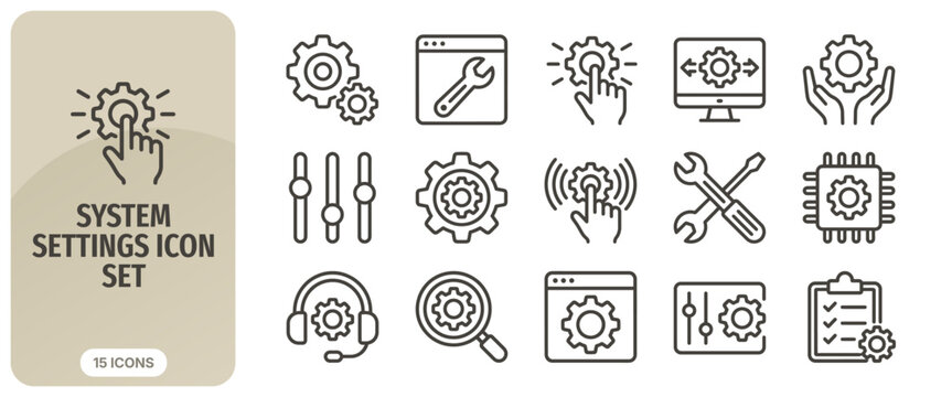 System settings icon set, thin line style, vector illustration collection of technical support, configuration, maintenance, and optimization icons for web and mobile applications