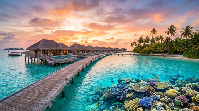 Tranquil sunset at a tropical getaway featuring a wooden pier and colorful coral reef