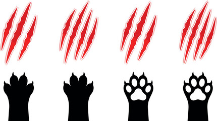 Animal Paw and Claw Scratch Icon Set Vector Illustration Silhouette Collection with Blood Marks Flat Design for Wild and Pet © SM