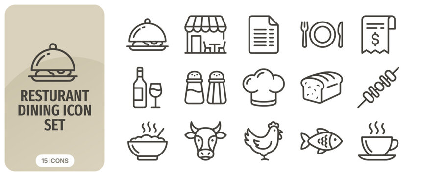 Restaurant dining icon set, food and drink vector icons, thin line style, collection of 15 icons for menu, cafe, bistro, catering, cooking, and culinary services